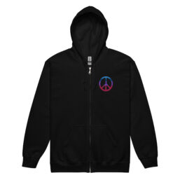 Black hoodie with an embroidered peace symbol. The peace symbol's color goes from blue to pink